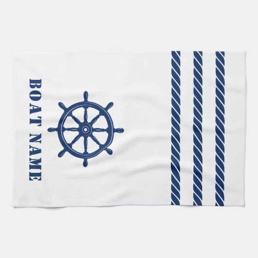 Nautisch Schip Wiel Helm Rope Uw Boot Naam Wit Theedoek (Horizontaal)
