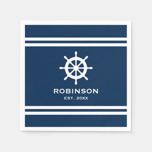 Nautisch schip wiel marine blauw en wit bruiloft servet (Voorkant)
