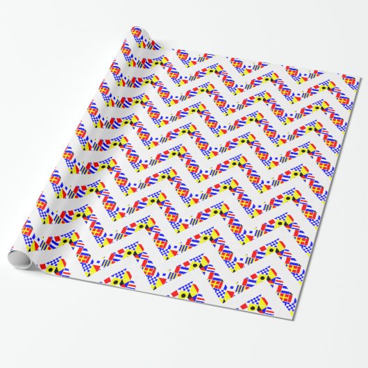 Nautisch Signaal Vlaggen Wit XL Chevron Patroon Cadeaupapier (Uitgerold)