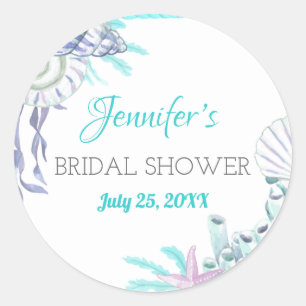 Nautisch Strand Aqua Shell Bruidsfeest Watercolor Ronde Sticker