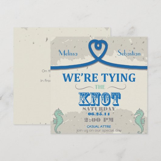 Nautisch Strand Blauwe Hart Knoop Huwelijksuitnodi Kaart (Voorkant / Achterkant)