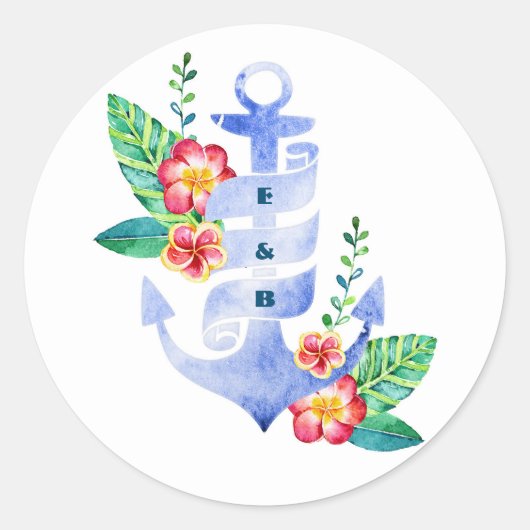 Nautisch Strand Bloemen Blauw Anker Trouwzegel Ronde Sticker (Voorkant)