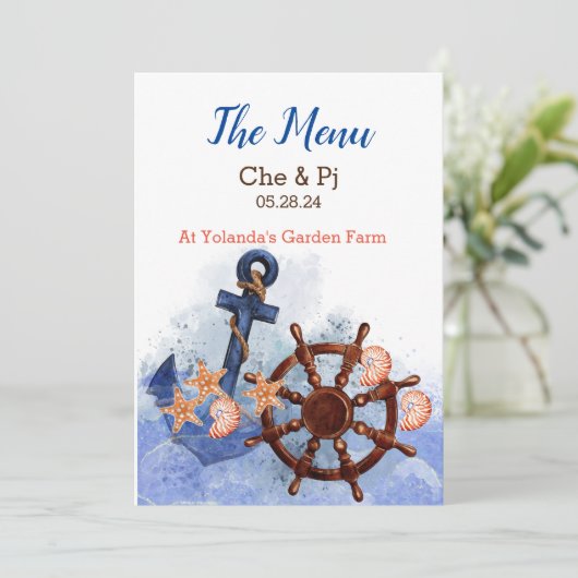 Nautisch strand bruiloft Gepersonaliseerd Menu (Staand voorkant)