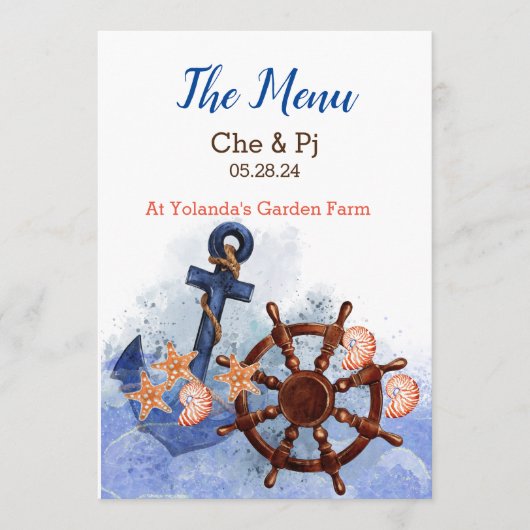 Nautisch strand bruiloft Gepersonaliseerd Menu (Voorkant)