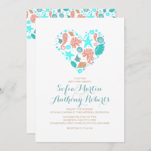 Nautisch Strand Hart - Ocean Treasures Wedding Kaart (Voorkant / Achterkant)
