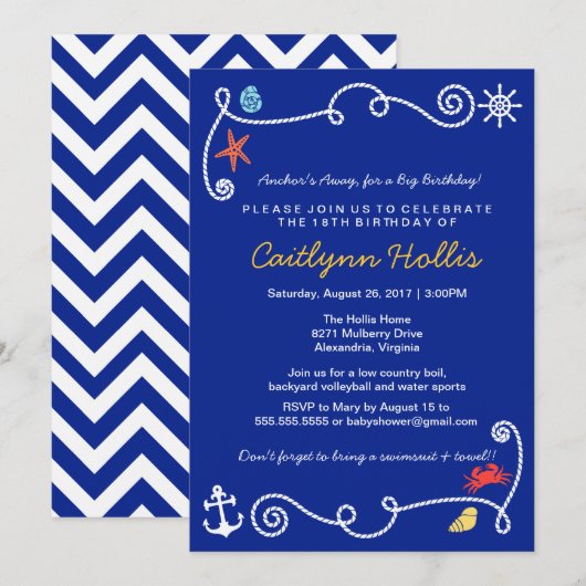 Nautisch strand (kleur kiezen) Verjaardag BBQ Kaart (Voorkant / Achterkant)