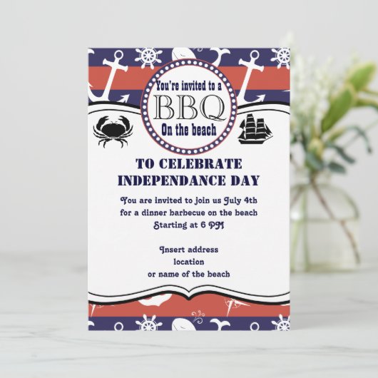 Nautisch strand thema uitnodiging voor barbecues (Staand voorkant)