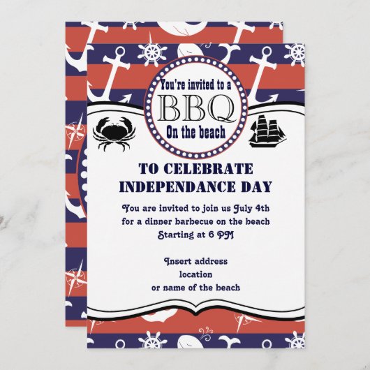Nautisch strand thema uitnodiging voor barbecues (Voorkant / Achterkant)