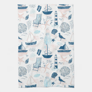 Nautisch strand zomer blauw roze kust (1) theedoek