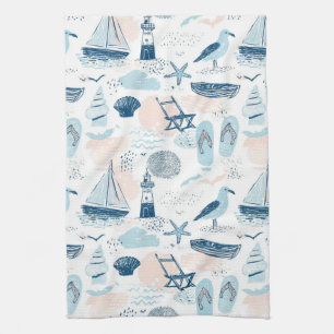 Nautisch strand zomer blauw roze kust (2) theedoek