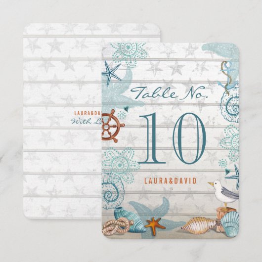 Nautisch strandhuwelijk | Tafel plaatsnummers kaar Kaart (Voorkant / Achterkant)