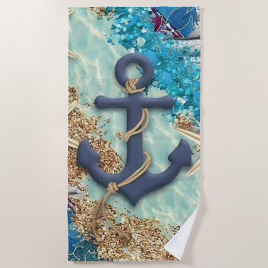 Nautisch strandlaken met blauwe anker (Voorkant)