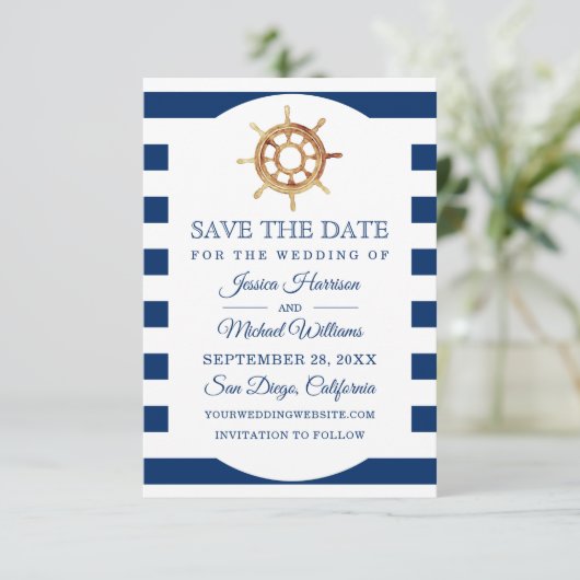 Nautisch stuurwiel met Waterverf op zee Save The Date (Staand voorkant)