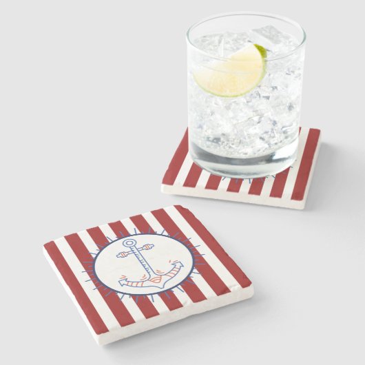 Nautisch thema anker zeilen blauw rood wit stenen onderzetter (Zijkant)