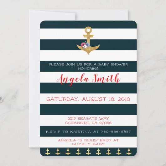 Nautisch thema Baby shower ankers weg gestreept Kaart (Voorkant)