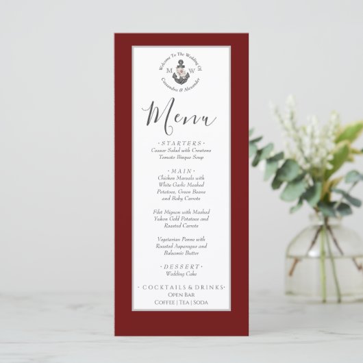 Nautisch-thema bloemanker wit maroon rood menu (Staand voorkant)