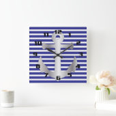 Nautisch thema Blue Stripes Patroonanker Vierkante Klok (Huis)
