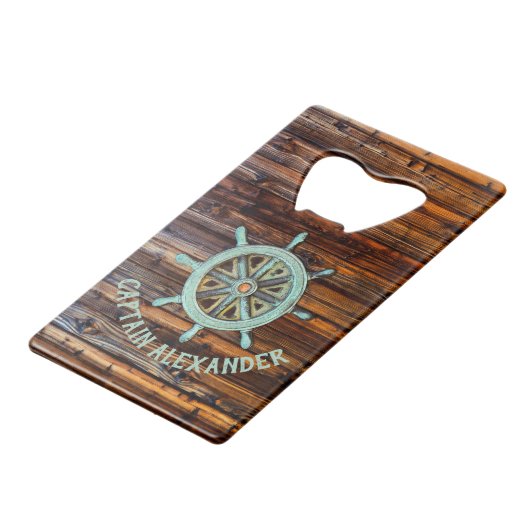 Nautisch thema Bronze Captains wiel Creditkaart Flessenopener (Voorkant Gekanteld)