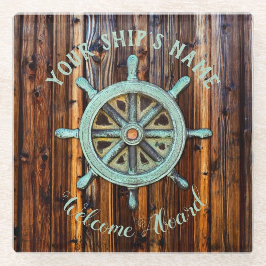 Nautisch thema Bronze Captains wiel Glazen Onderzetter (Voorkant)