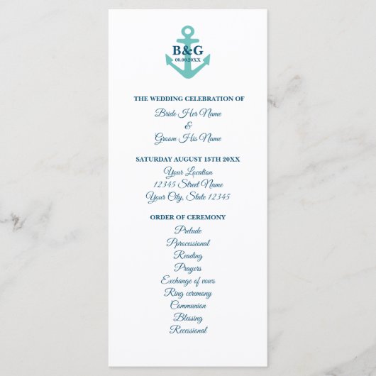 Nautisch thema bruiloft ceremonie programma sjablo programmakaart (Voorkant)