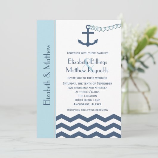 Nautisch thema bruiloft uitnodigingen blauw (Staand voorkant)