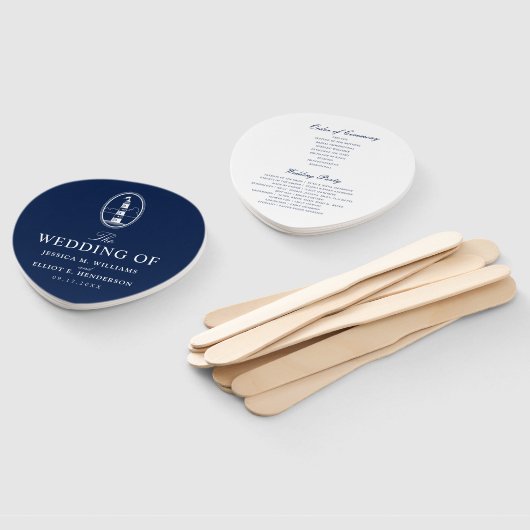 Nautisch Thema Bruiloft Vuurtoren Custom Navy Handwaaier (Niet-gemonteerd)