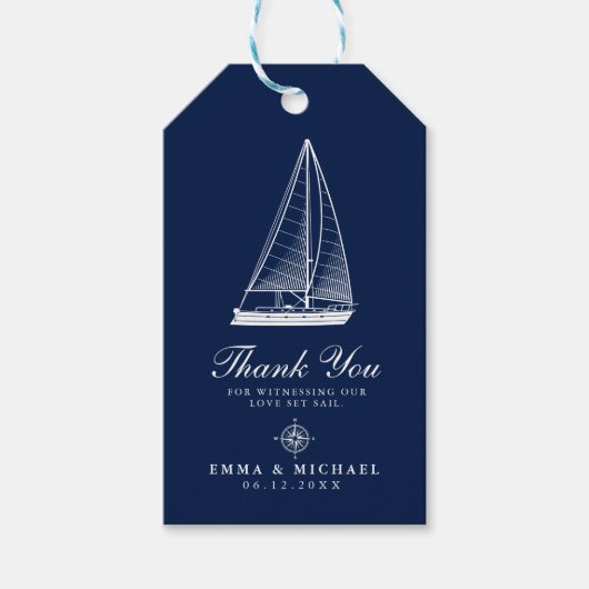 Nautisch Thema Bruiloft Zeilboot Custom Navy Cadeaulabel (Voorkant)
