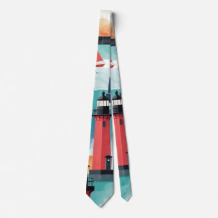 Nautisch thema met vuurtorens en bootpatroon stropdas