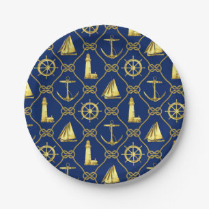 Nautisch thema Navy Blauwe Gouden Anker Vuurtoren Papieren Bordje