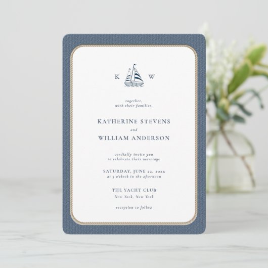 Nautisch Touw Lijst Blauw Burlap Monogrammen Bruil Kaart (Staand voorkant)