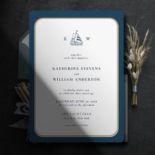 Nautisch Touw Lijst Navy Wit Monogrammen Bruiloft Kaart
