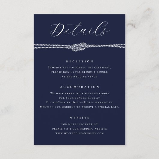 Nautisch Touw Marine Blauw Elegante Details Huweli Informatiekaartje (Voorkant)