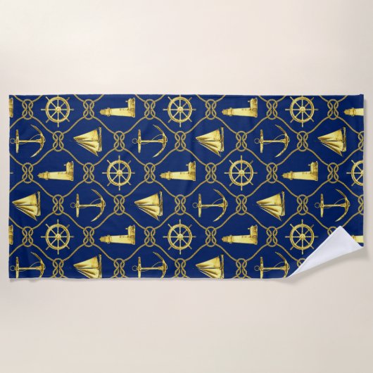 Nautisch Touw Marine Blauw en Gouden Touw Strandlaken (Voorkant)