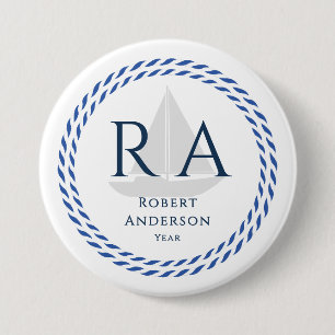 Nautisch touw monogram wit ronde button 7,6 cm