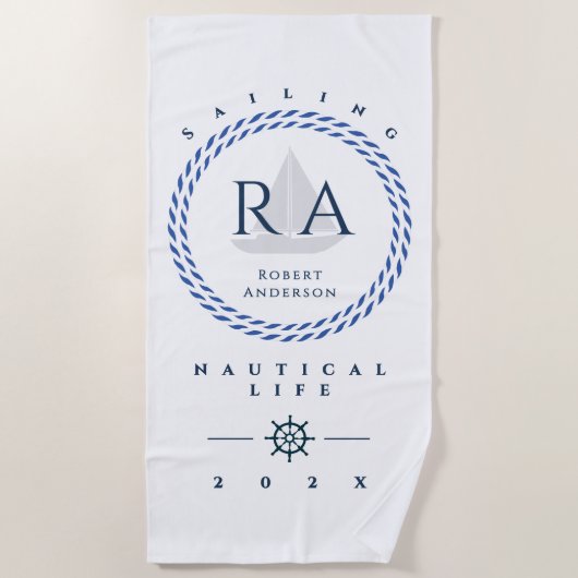 Nautisch touw monogram wit strandlaken (Voorkant)