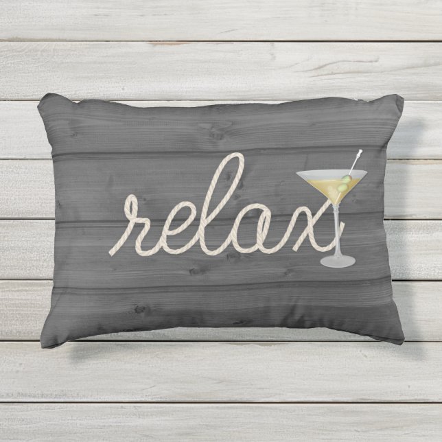 Nautisch touw op hout met martini en ontspan tekst buitenkussen (Voorkant)