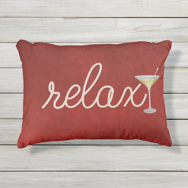 Nautisch touw op rood met martini en ontspan tekst buitenkussen (Voorkant)