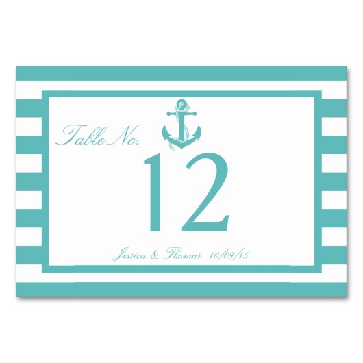 Nautisch Turquoise Stripe Anchor Wedding Number Kaart (Achterkant)