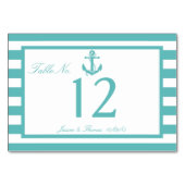 Nautisch Turquoise Stripe Anchor Wedding Number Kaart (Voorkant)
