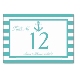 Nautisch Turquoise Stripe Anchor Wedding Number Kaart