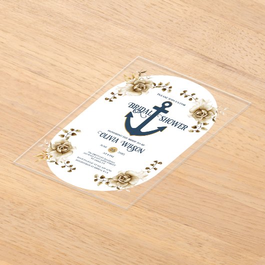 Nautisch Vrijgezellenfeest Anker Blauw Goud Bloeme Acryl Uitnodigingen