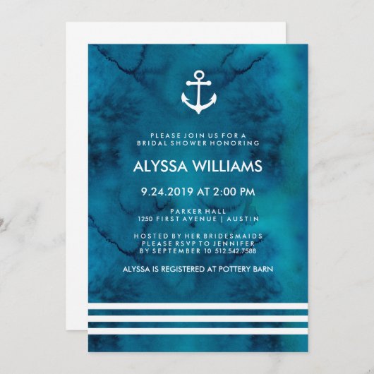 nautisch Vrijgezellenfeest met blauwe Waterverf Kaart (Voorkant / Achterkant)