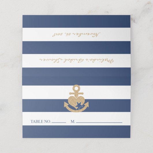 Nautisch Vrijgezellenfeest Place Card Navy & Gold Plaatskaartje (Buitenkant ongevouwen)