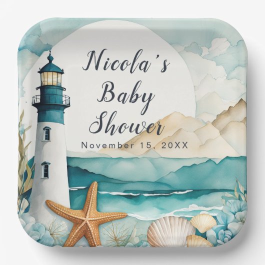 Nautisch vuurtoren Baby shower Papieren Bordje (Voorkant)