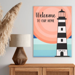 Nautisch Vuurtoren Blauw Oranje Ombre' Zon Welkom Canvas Afdruk