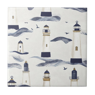 Nautisch Vuurtoren Kust Blauw Patroon Tegeltje