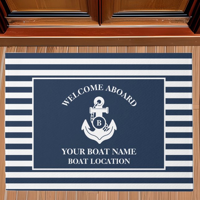 Nautisch welkom aan boord Anker Navy Blue Striped Deurmat (Creator heeft geüpload)