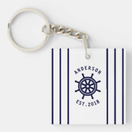 Nautisch wiel en marine blauw gestreepte douane sleutelhanger