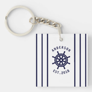 Nautisch wiel en marine blauw gestreepte douane sleutelhanger