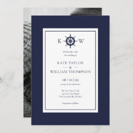 Nautisch Wiel Marine Blauw Monogram Bruiloft Foto Kaart